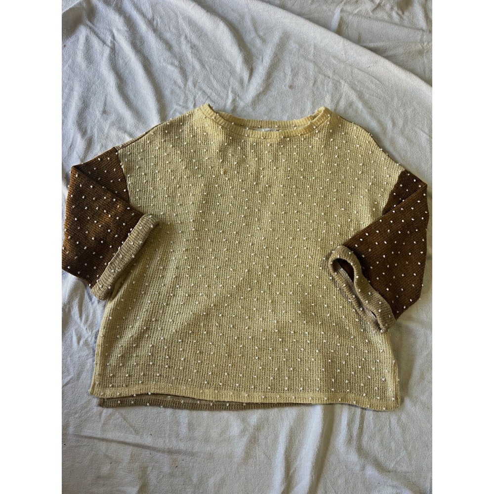 Blu Pepper Women's M Beige/Brown/White Knit Pullover Crew Neck Polka Dot